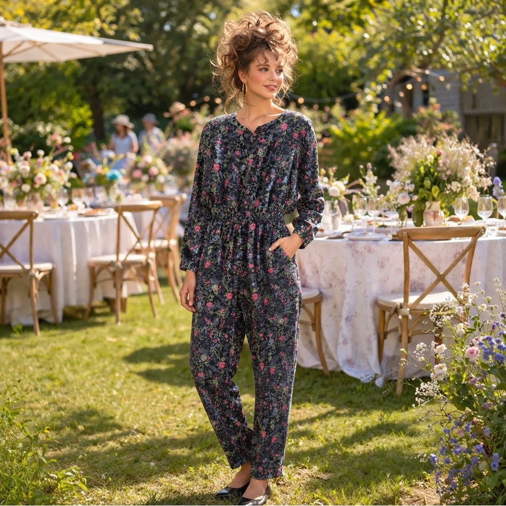 Vintage 80s Floral Long-Sleeve Shirred Waist Jumpsuit, Black Pink Green US 10
